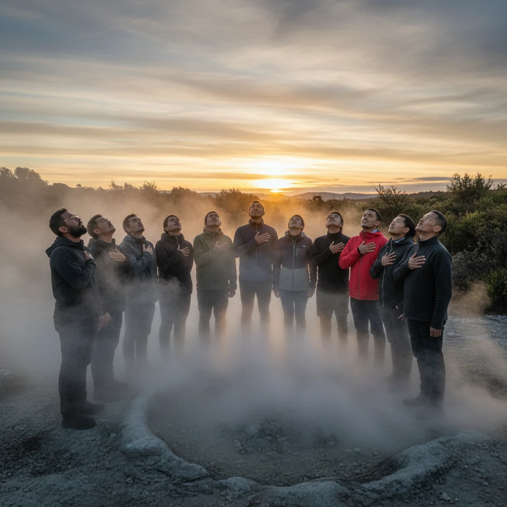 Community gathering for a modern Hautapu ceremony at dawn