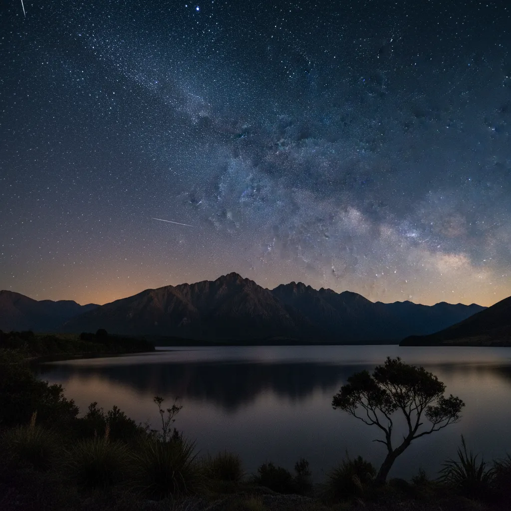 The Matariki star cluster rising over a New Zealand landscape