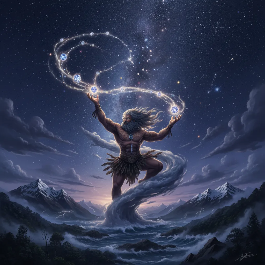 Artistic depiction of Tāwhirimātea creating the Matariki stars