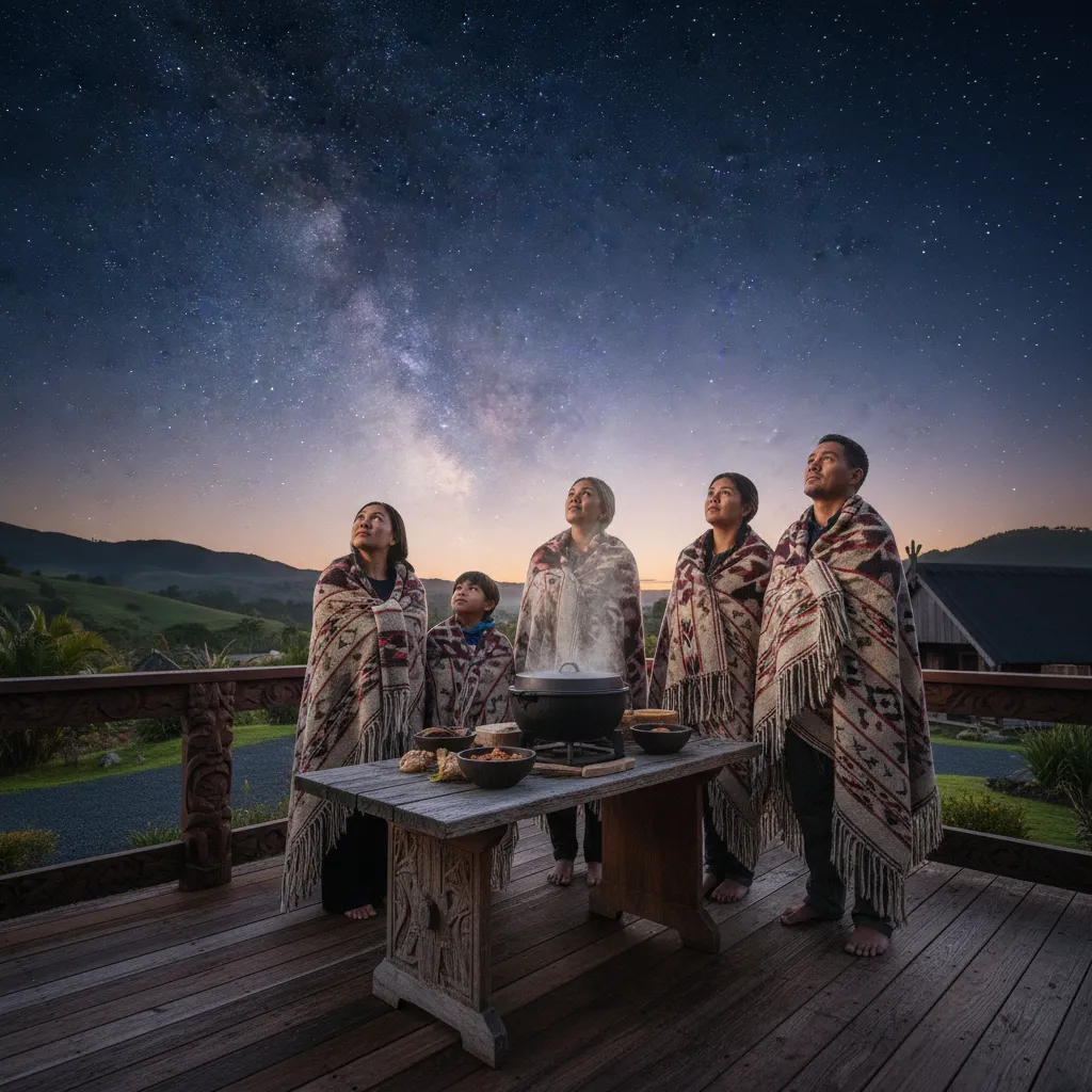 Family performing a Whānau Hautapu ceremony before sunrise