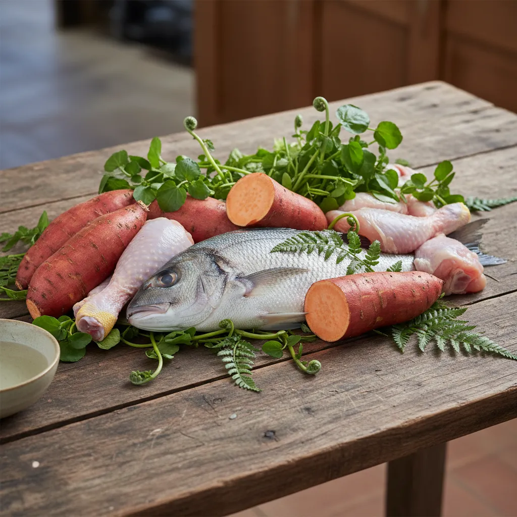 Ingredients for Matariki Hautapu representing earth, sky, fresh water, and salt water