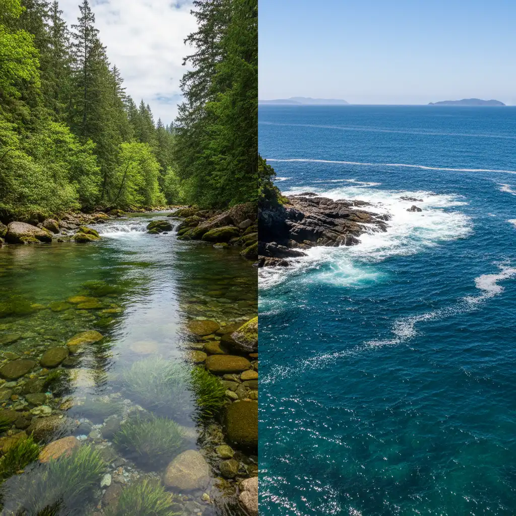 Contrast between freshwater and saltwater environments representing Waitī and Waitā