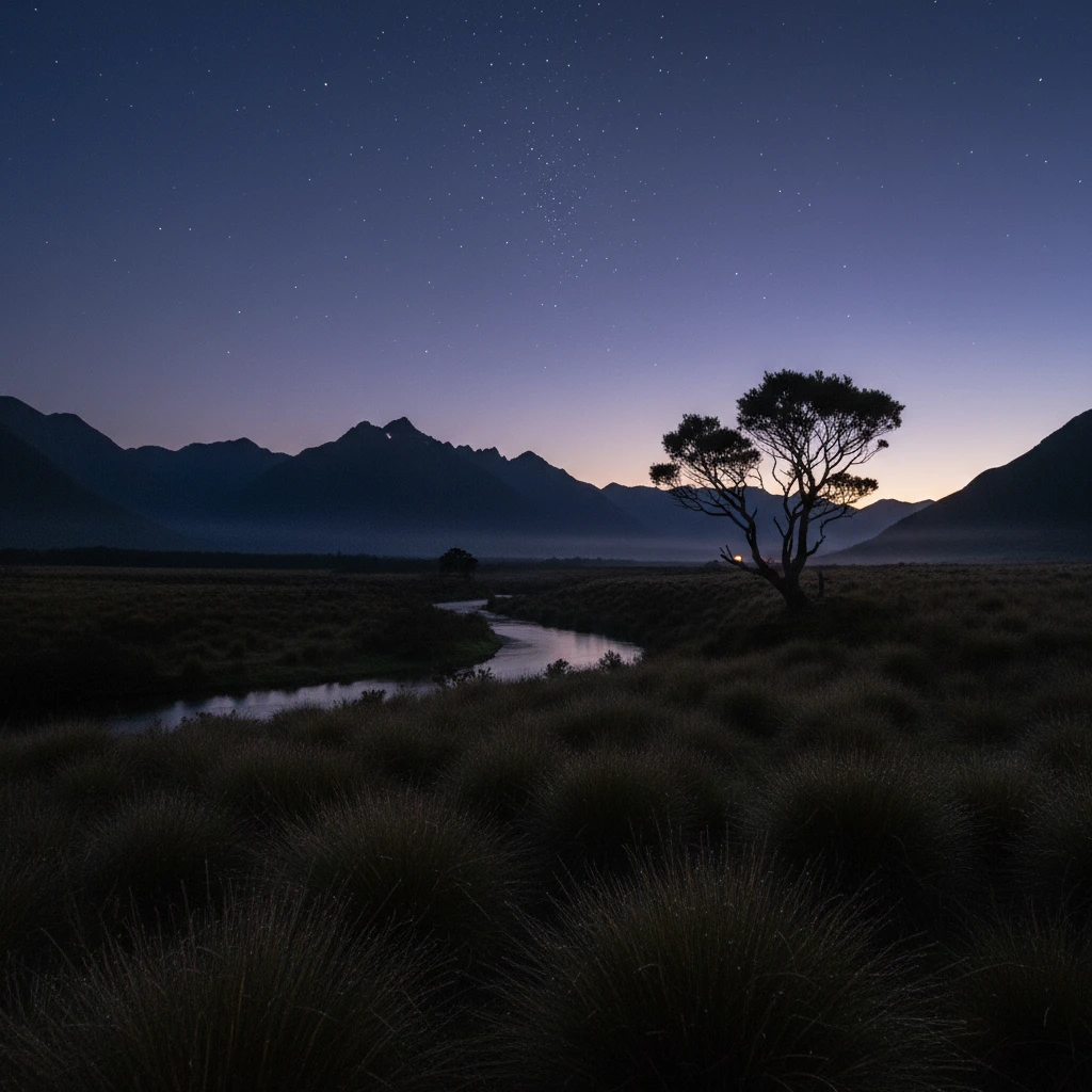 Matariki star cluster rising before dawn over a New Zealand mountain range