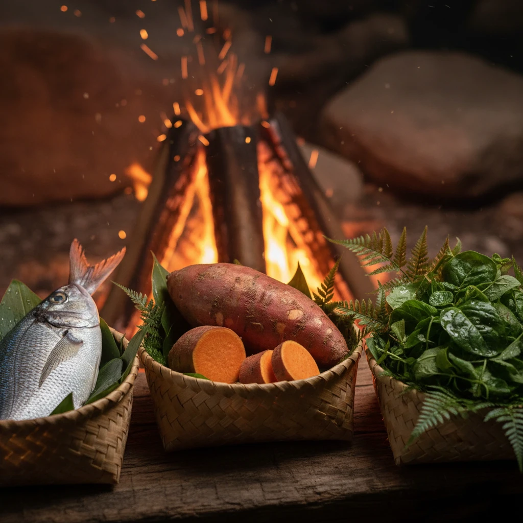 Traditional Māori food offerings for the Hautapu ceremony including kumara and fish