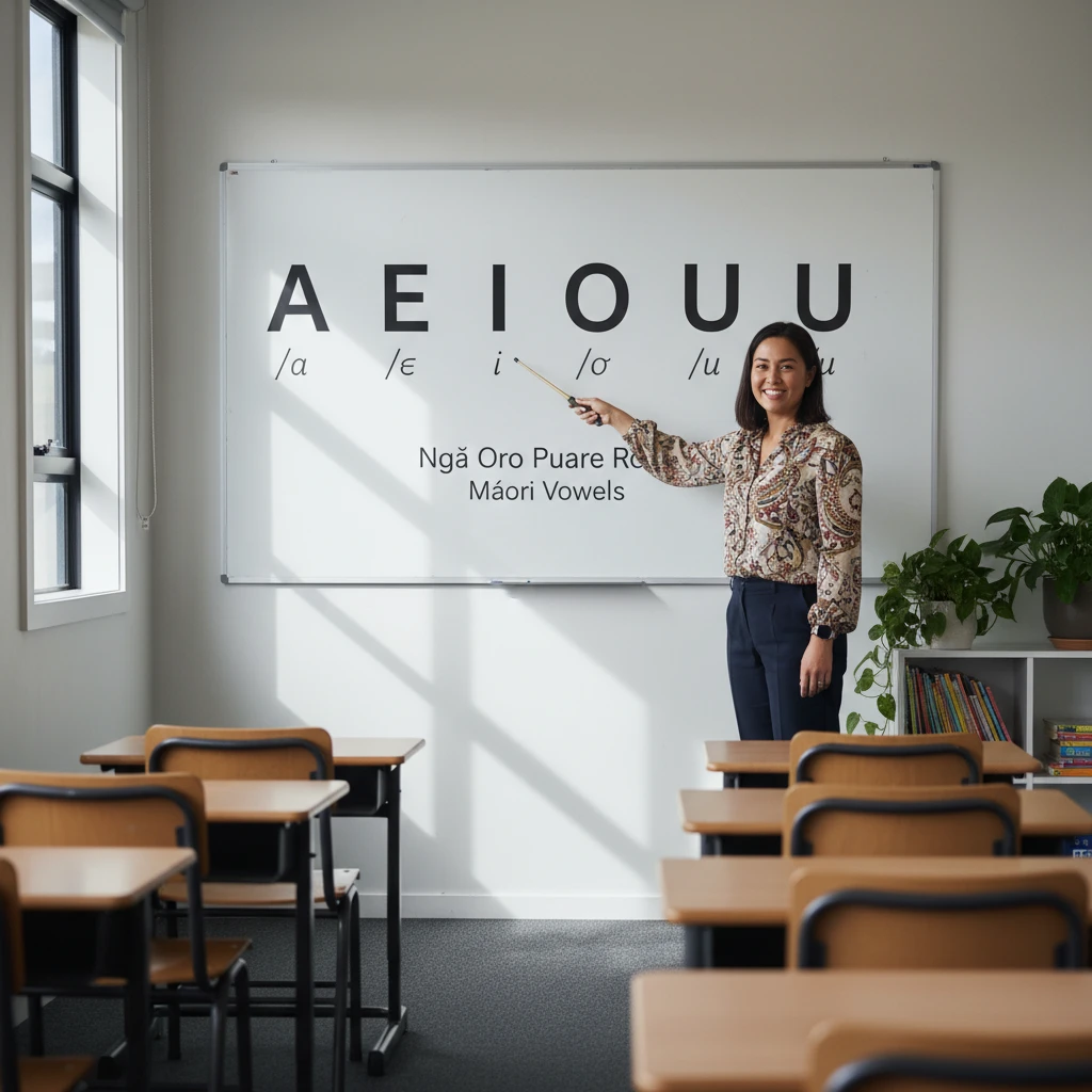 Te Reo Māori Vowel Chart on Whiteboard