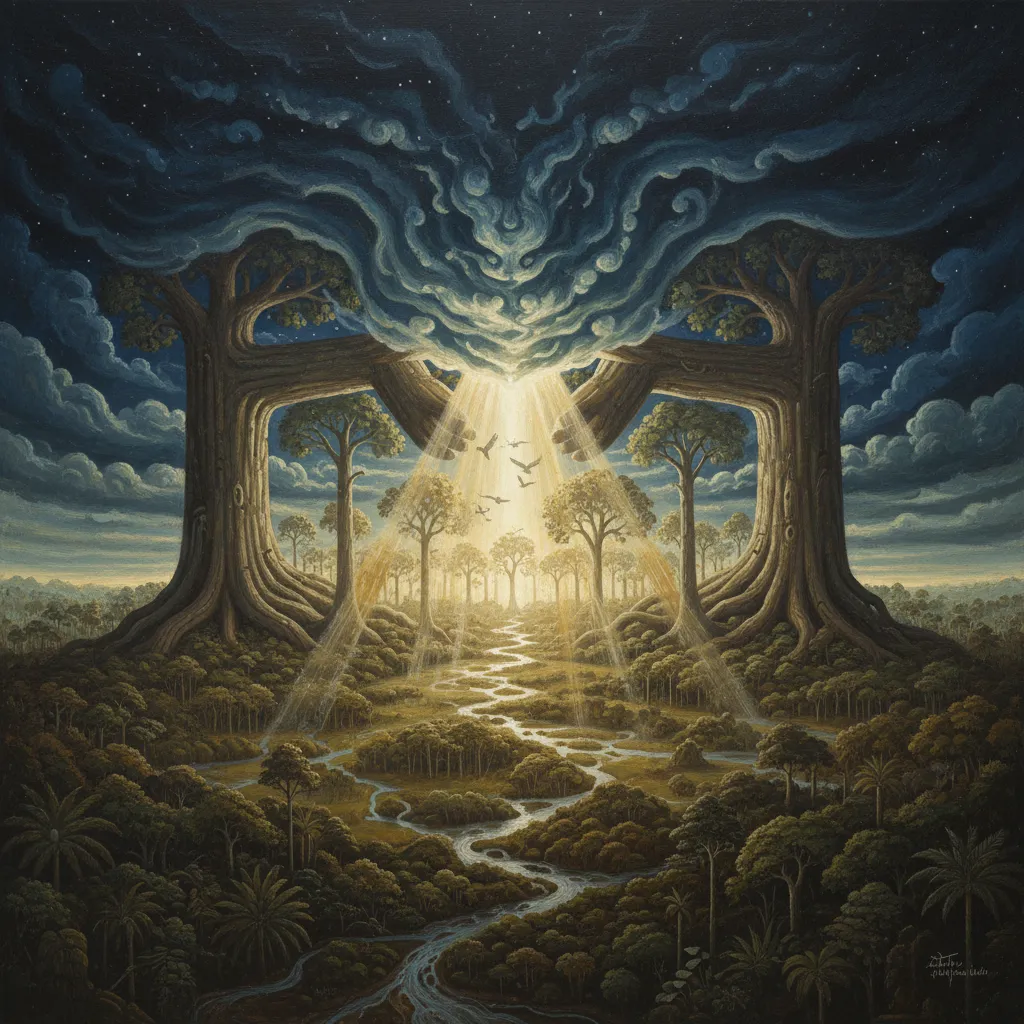 Tāne Mahuta separating Ranginui and Papatūānuku