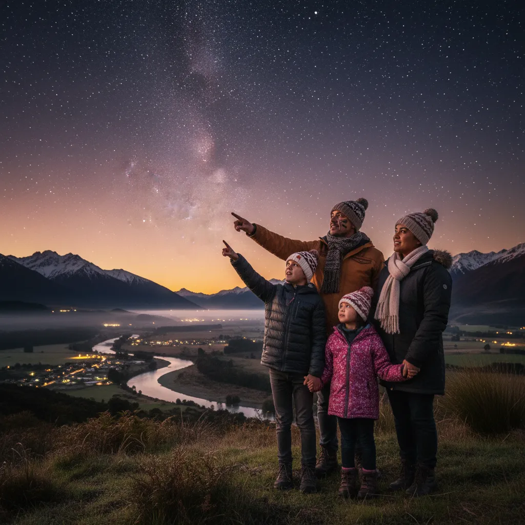 Family observing Matariki stars at dawn