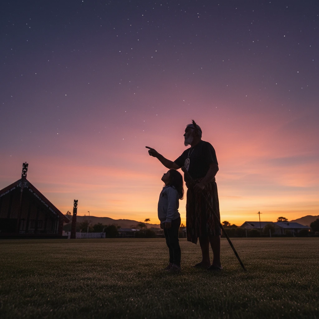 Elder teaching child about Matariki stars