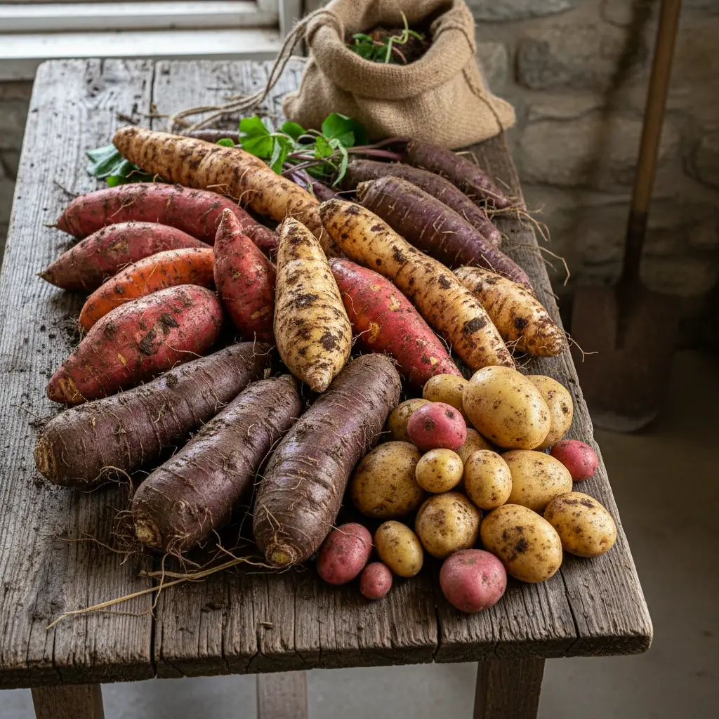 Harvested kumara and root vegetables representing Tupuānuku