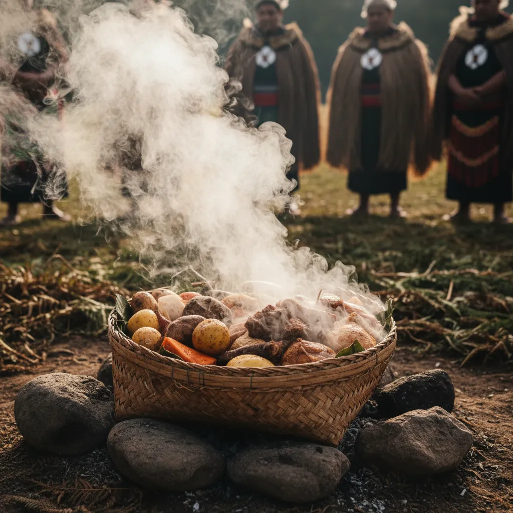 Steam rising from ceremonial food offering for Matariki