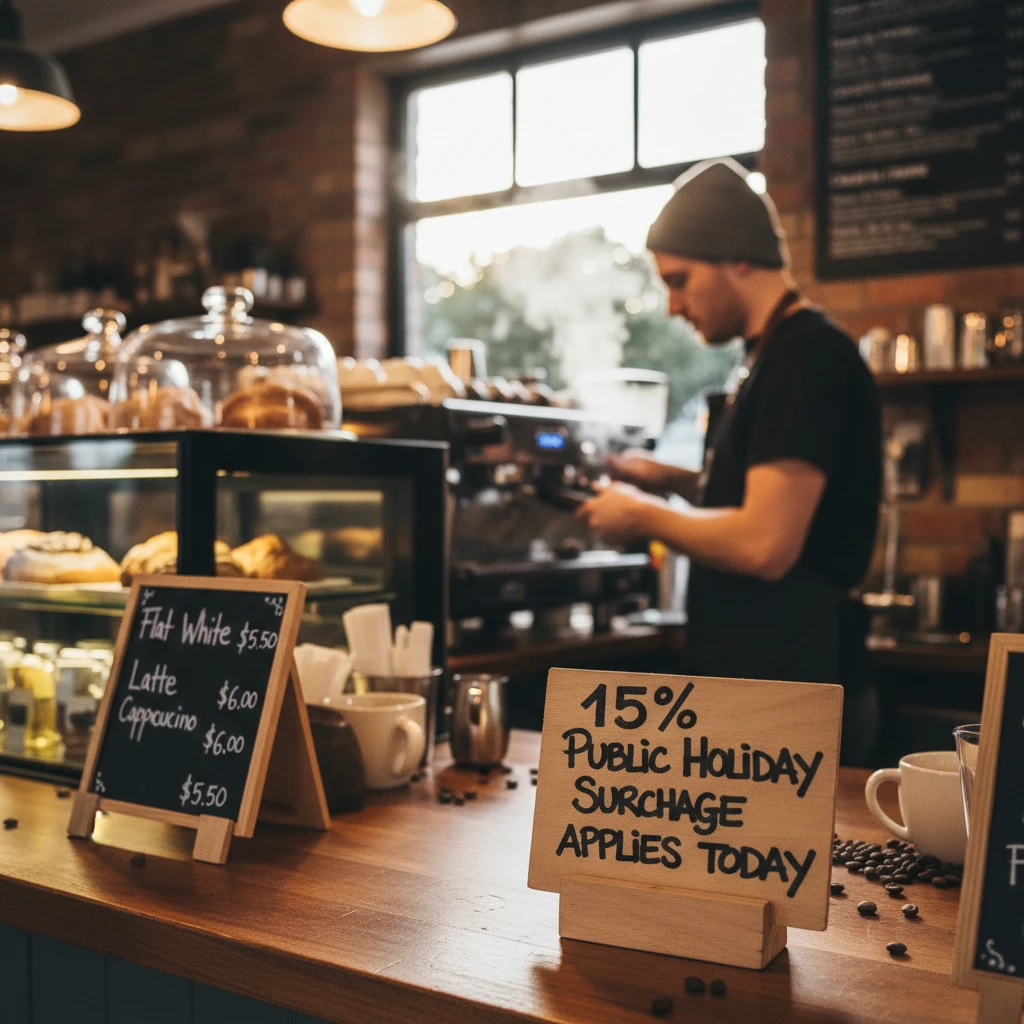 Public holiday surcharge sign at a New Zealand cafe