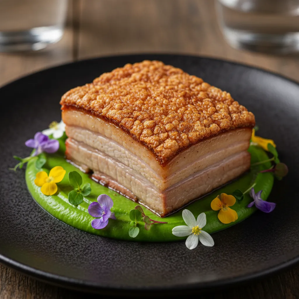 Slow-cooked pork belly with watercress puree and native garnish