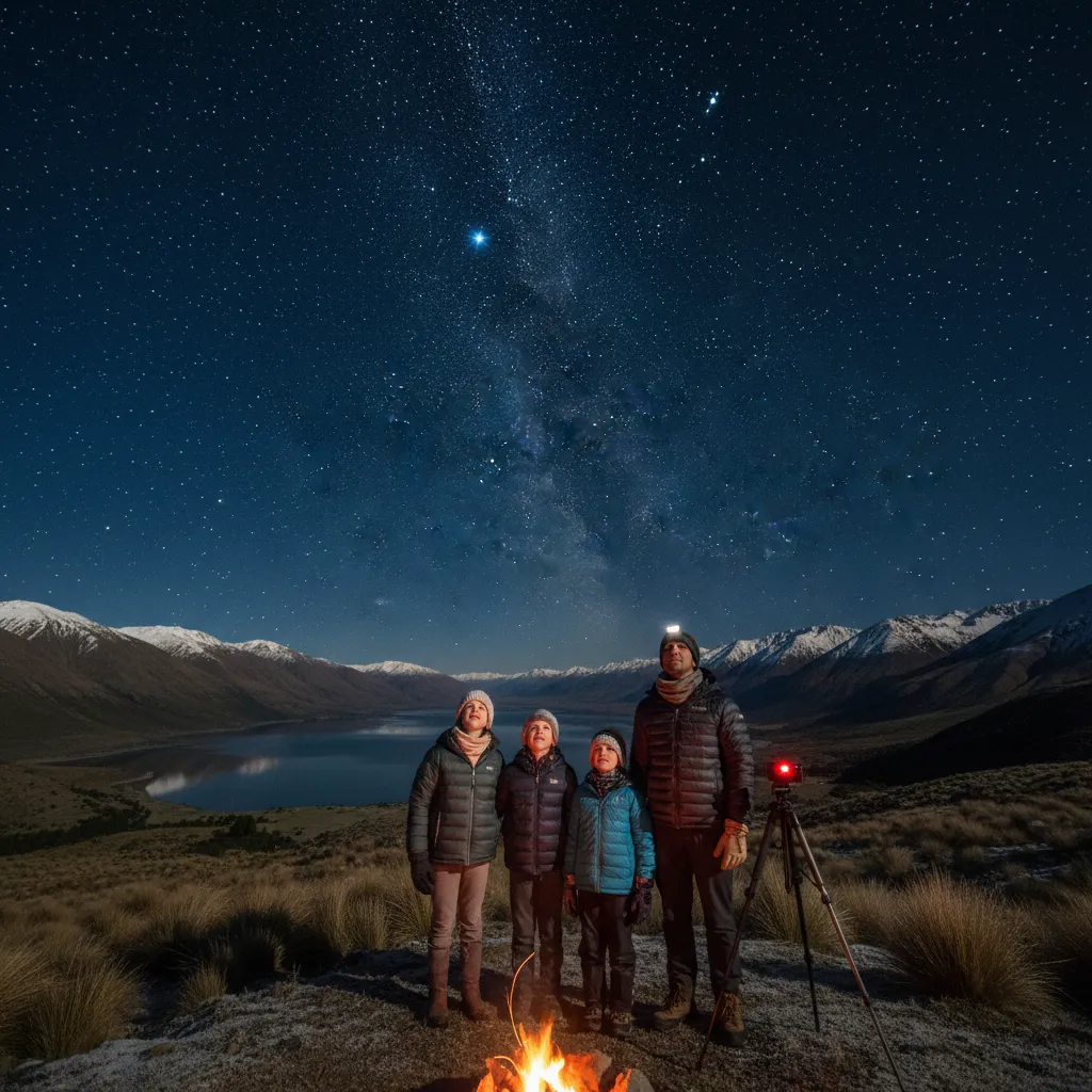 Family observing Matariki stars in winter clothing