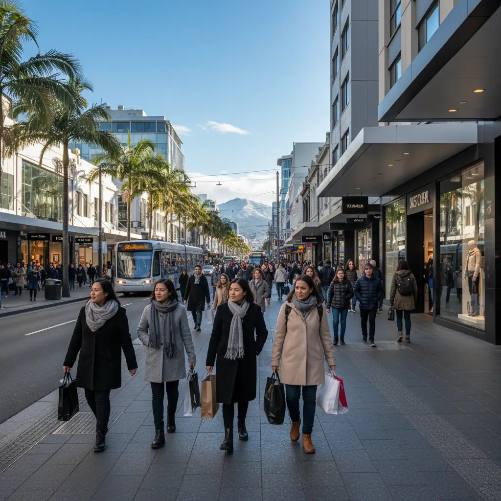 Busy New Zealand shopping street during Matariki public holiday