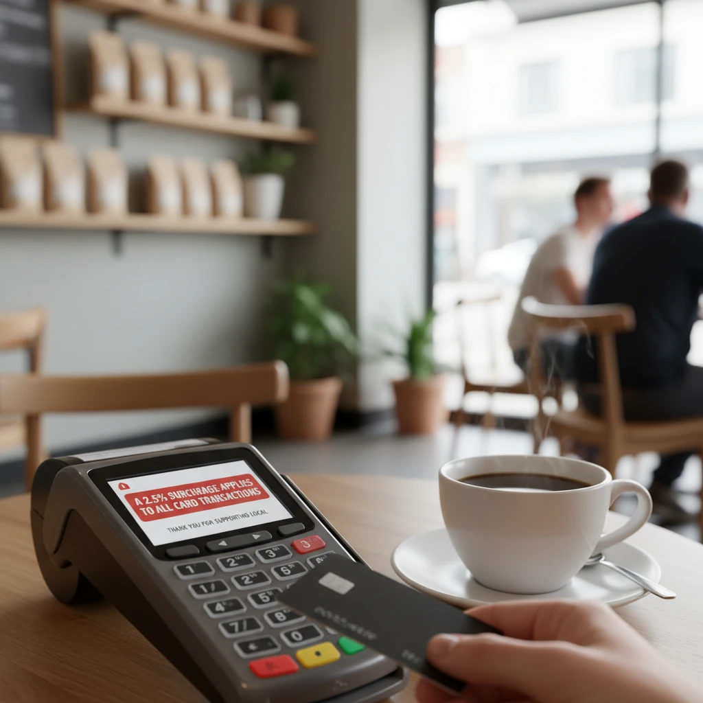 Cafe payment terminal displaying public holiday surcharge notice