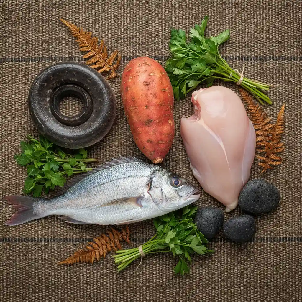 Traditional ingredients for the Hautapu ceremony representing earth, sky, and water