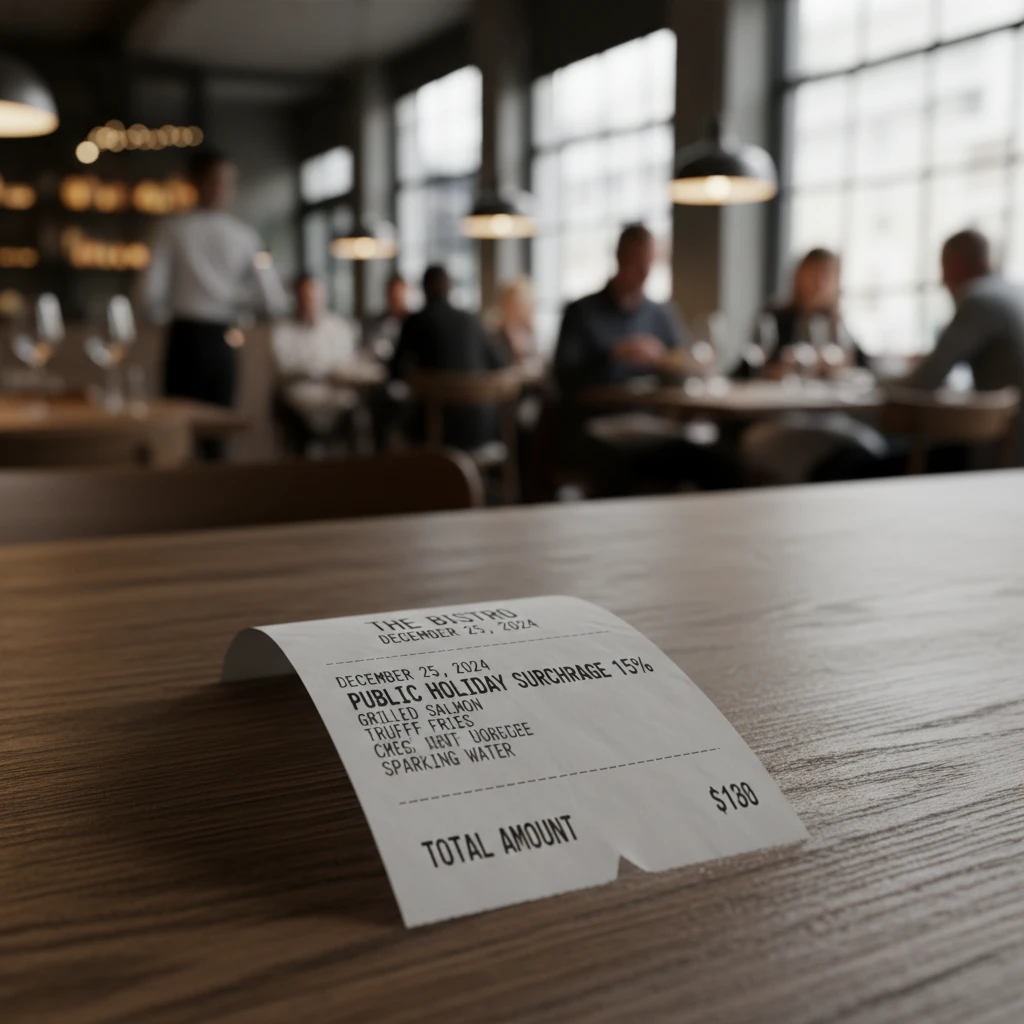 Restaurant receipt showing public holiday surcharge