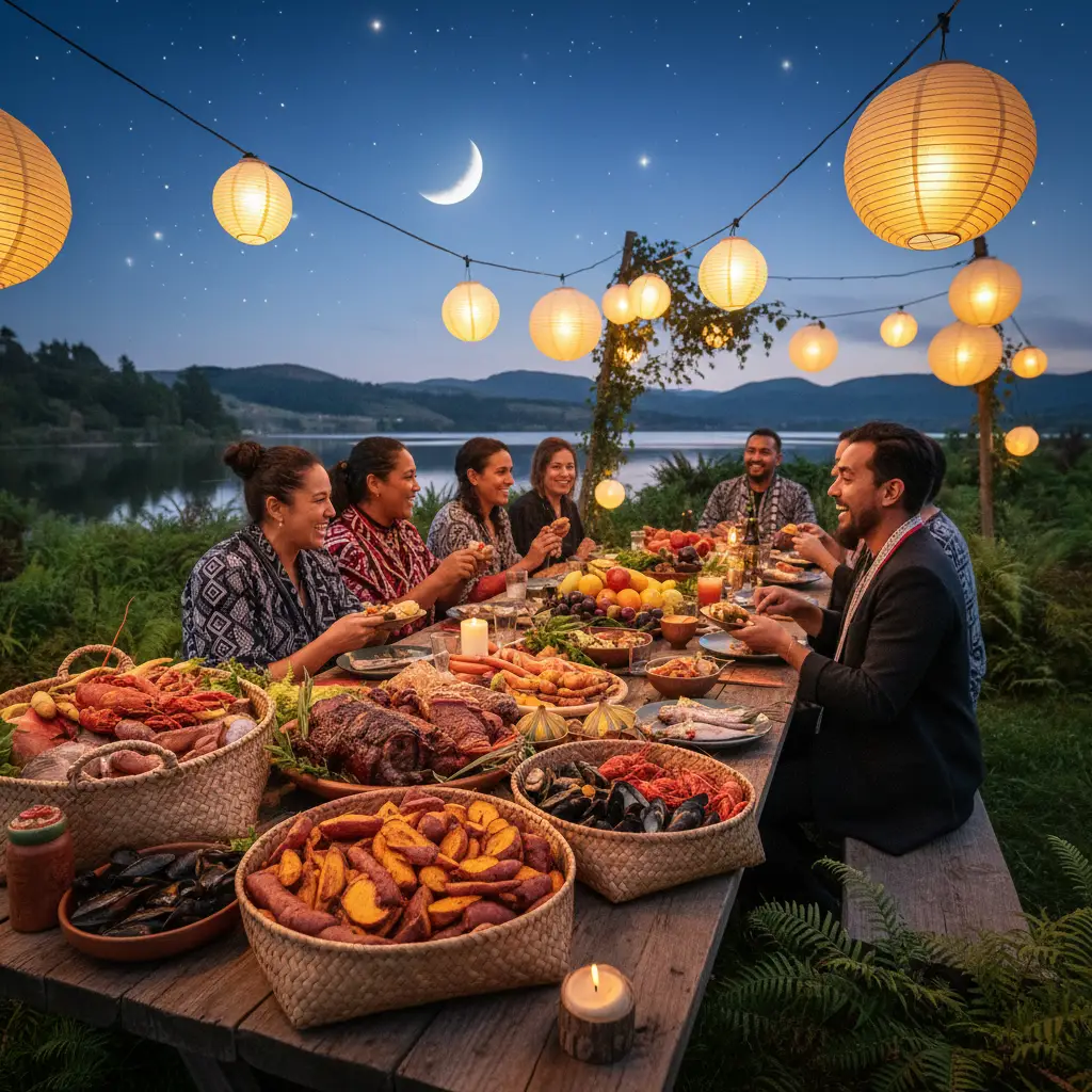 Traditional Matariki feast table setup with Kai Māori