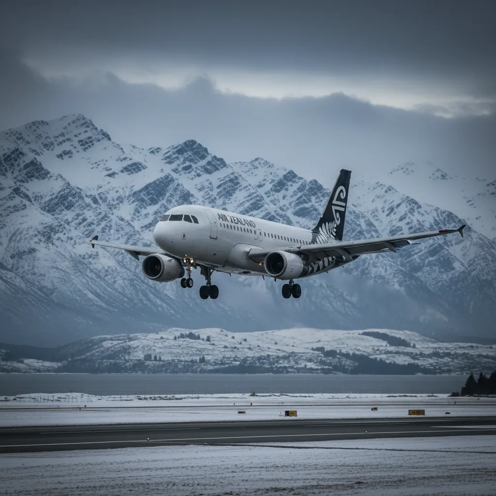 Air New Zealand plane landing in Queenstown during winter