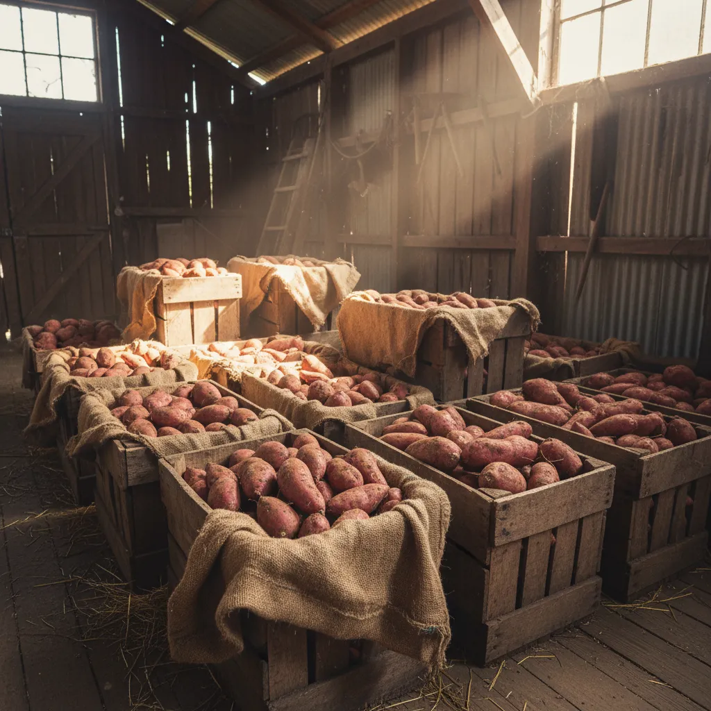 Crates of kumara curing in a storage shed