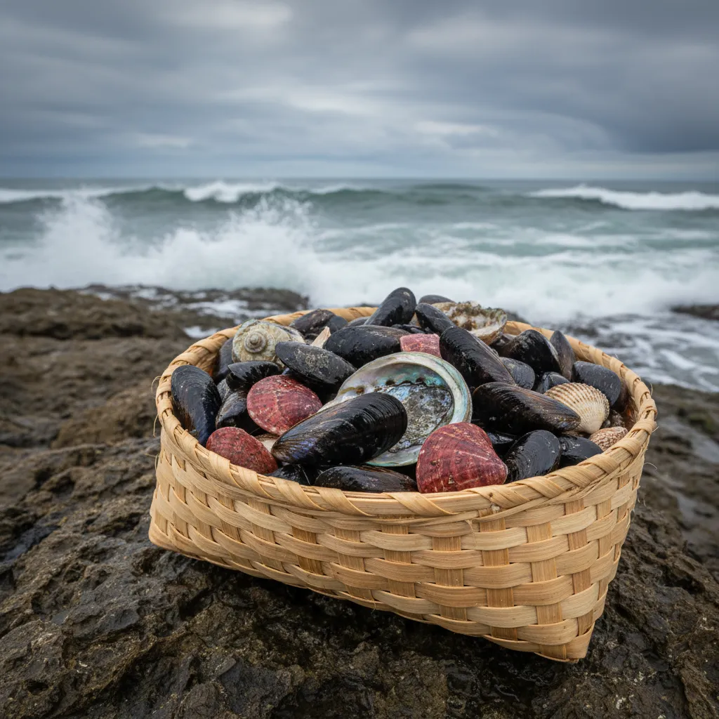 Fresh kaimoana in a traditional flax kete on the shoreline