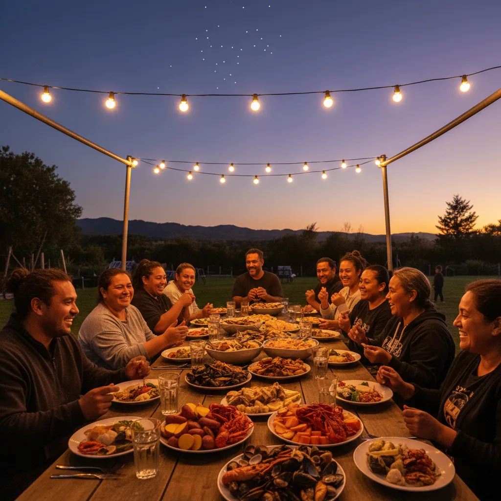 Community sharing a Matariki feast with kumara and seafood
