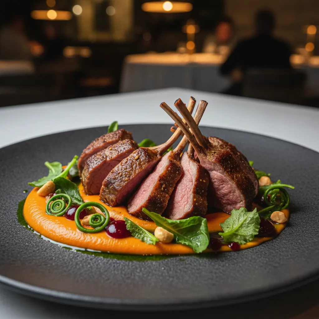 Modern Matariki fine dining dish with lamb and kumara