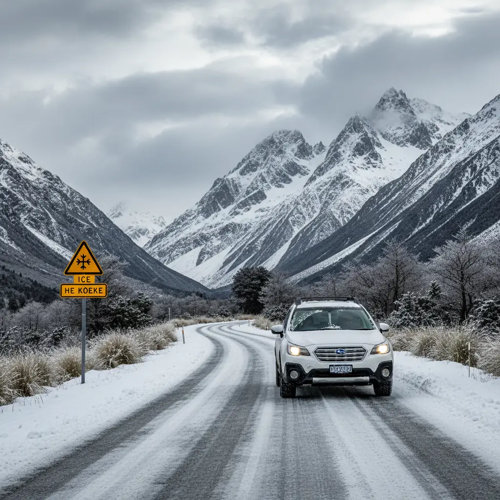 Winter driving conditions on Desert Road during Matariki