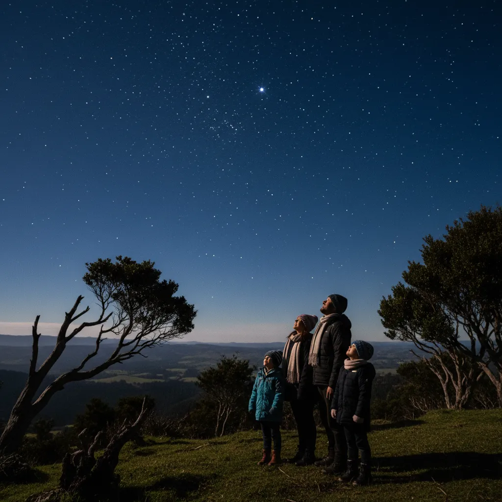Family stargazing during Matariki winter morning