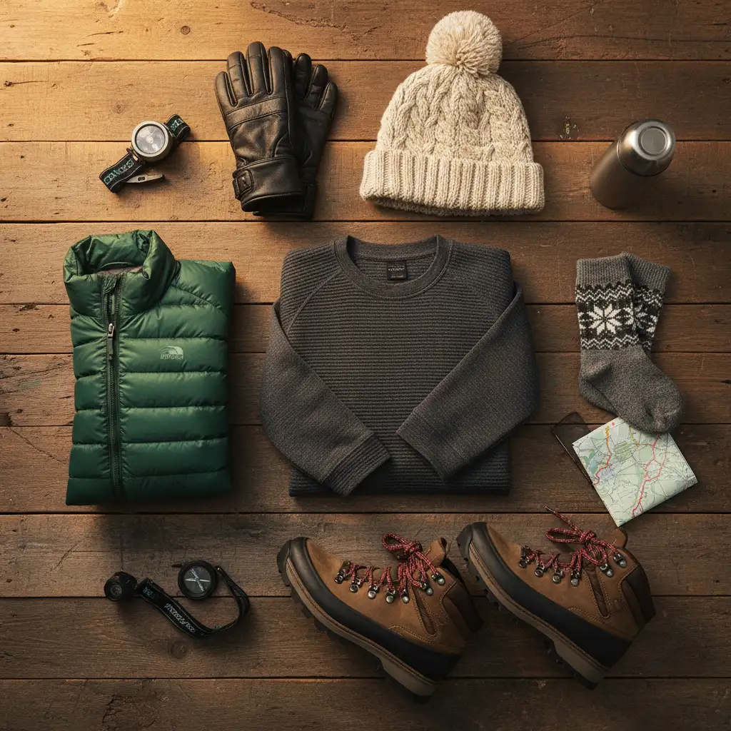 Flat lay of winter clothing layers for Matariki