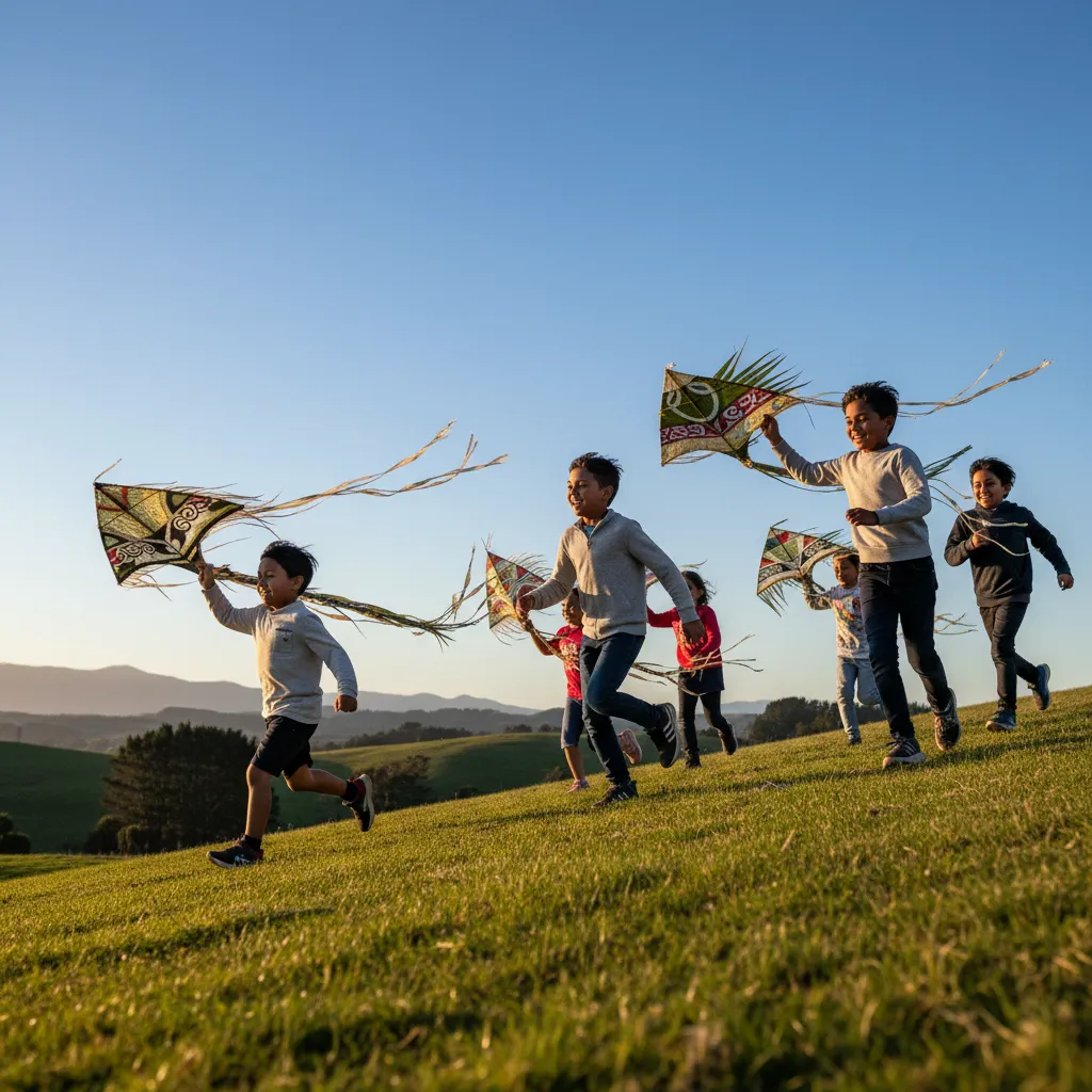Primary school students flying handmade Manu Aute kites during Matariki