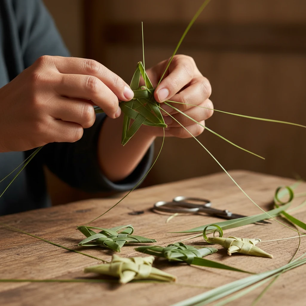 Weaving flax stars for Matariki