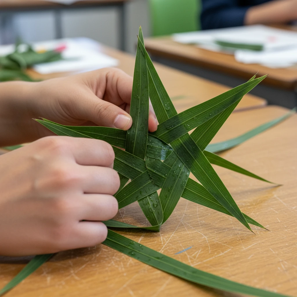 Close up of weaving harakeke flax stars