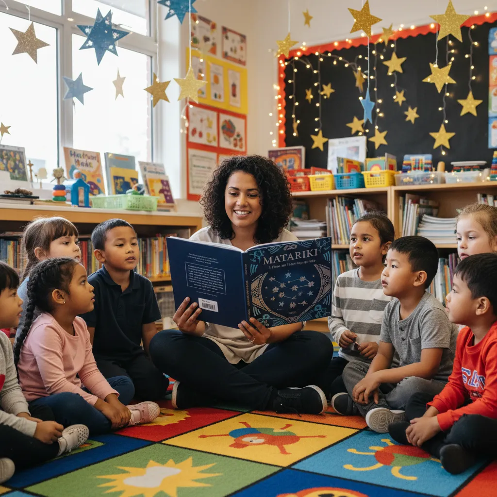 Teacher reading a Matariki picture book to a class of students