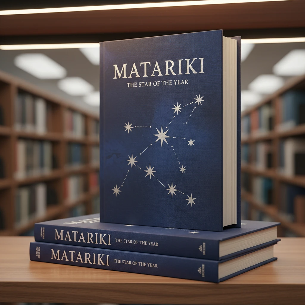 Hardcover copies of Dr Rangi Mātāmua's Matariki books on a shelf