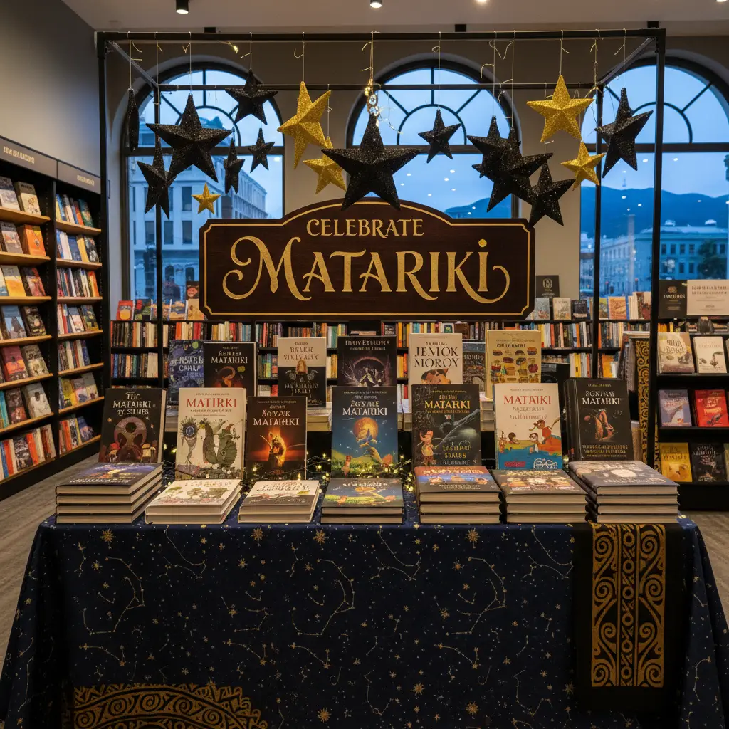 Bookstore display featuring a wide range of Matariki books