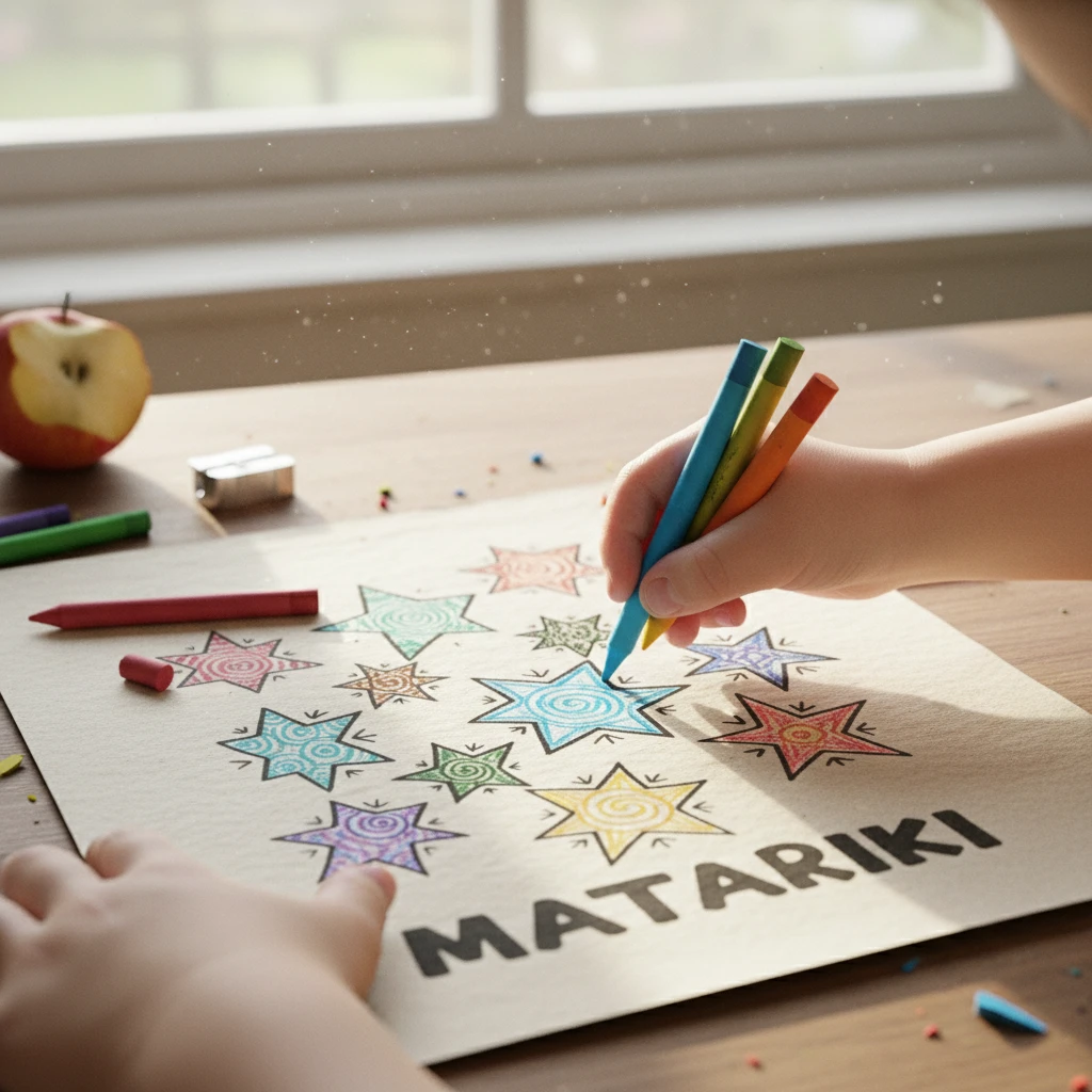 Child colouring Matariki stars worksheet