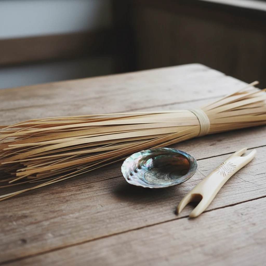 Prepared Harakeke flax strips and weaving tools for Maori art