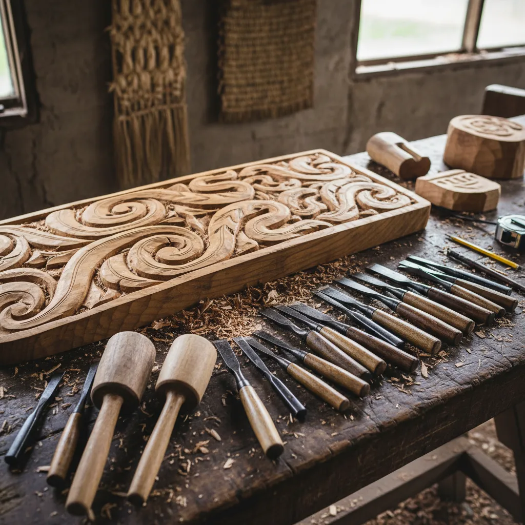 Whakairo carving tools and Totara wood blank