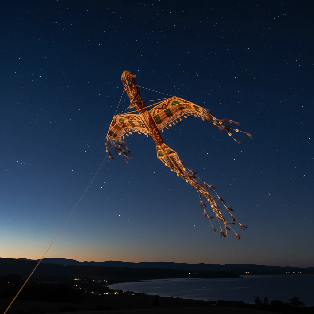 Traditional manu tukutuku kite flying during Matariki
