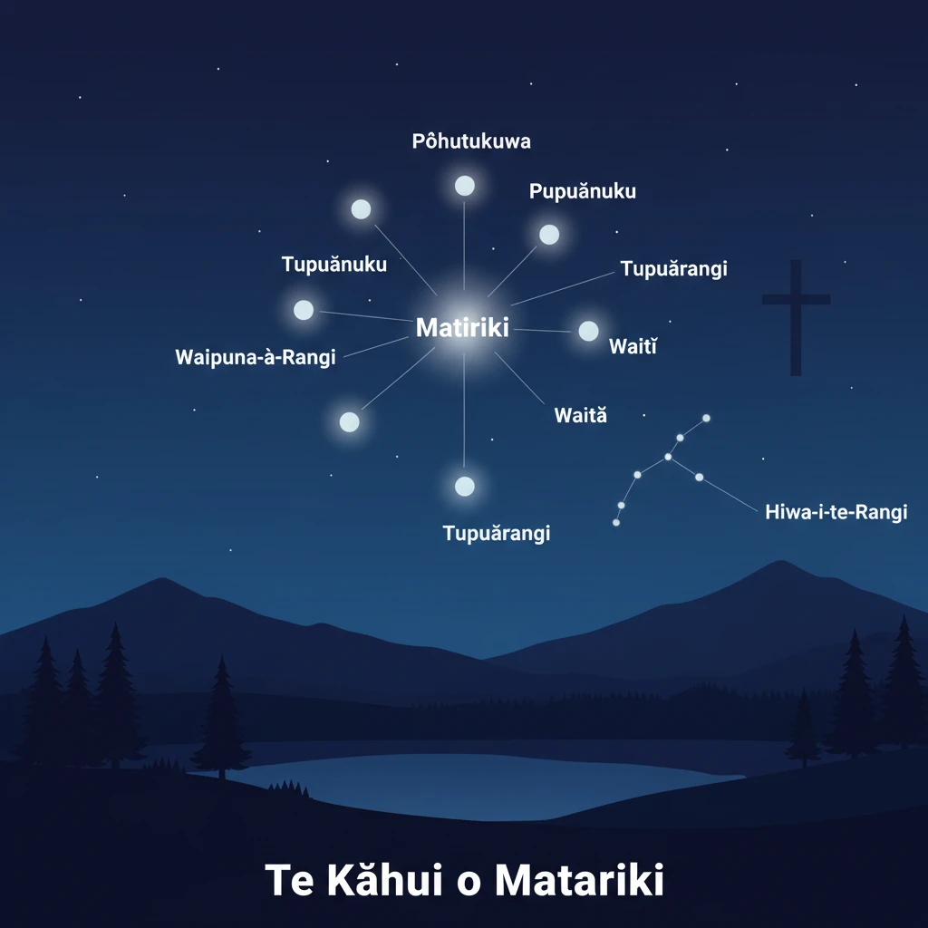 The nine stars of Matariki labeled in the night sky