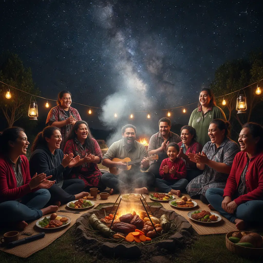 Family celebrating Matariki with music and food