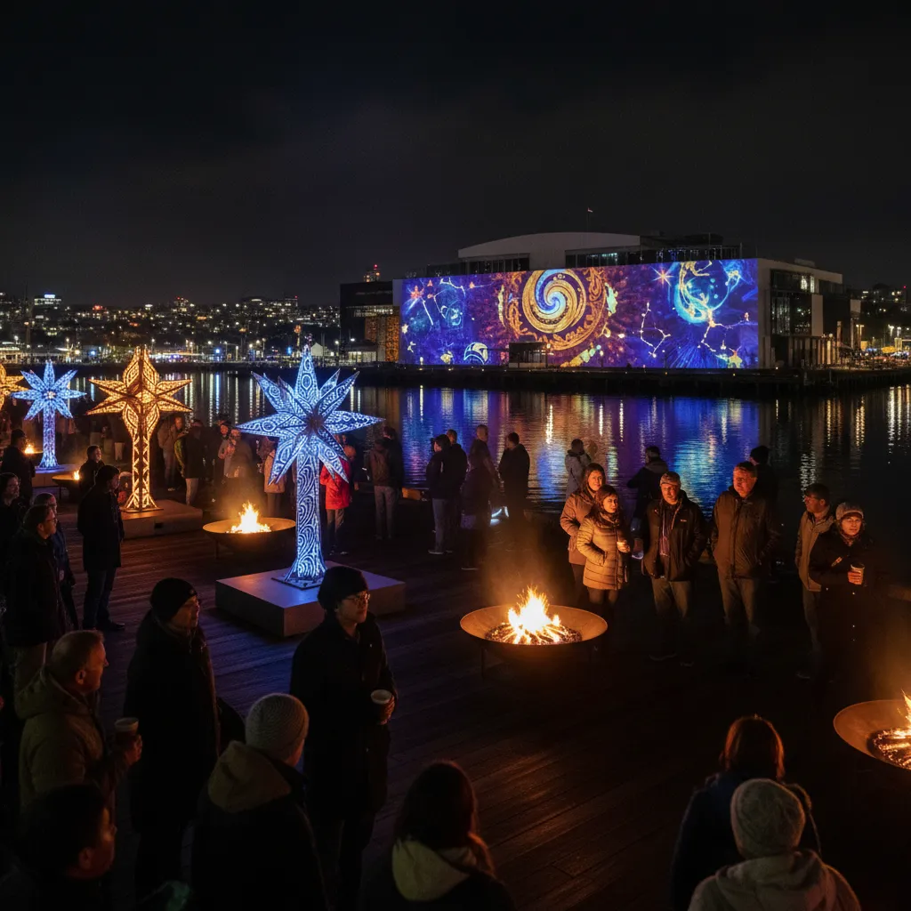 Matariki Ahi Kā light installations on Wellington waterfront