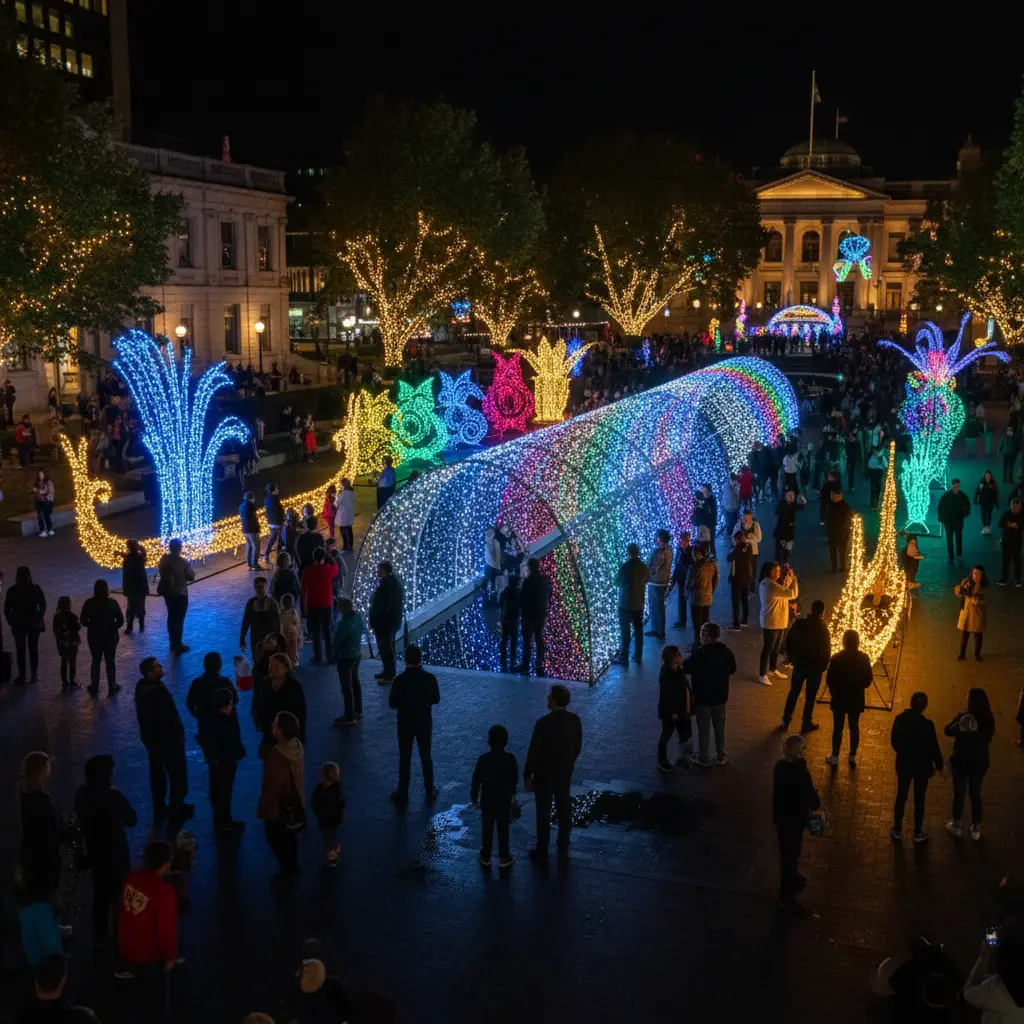 Tīrama Mai light festival installations in Victoria Square Christchurch