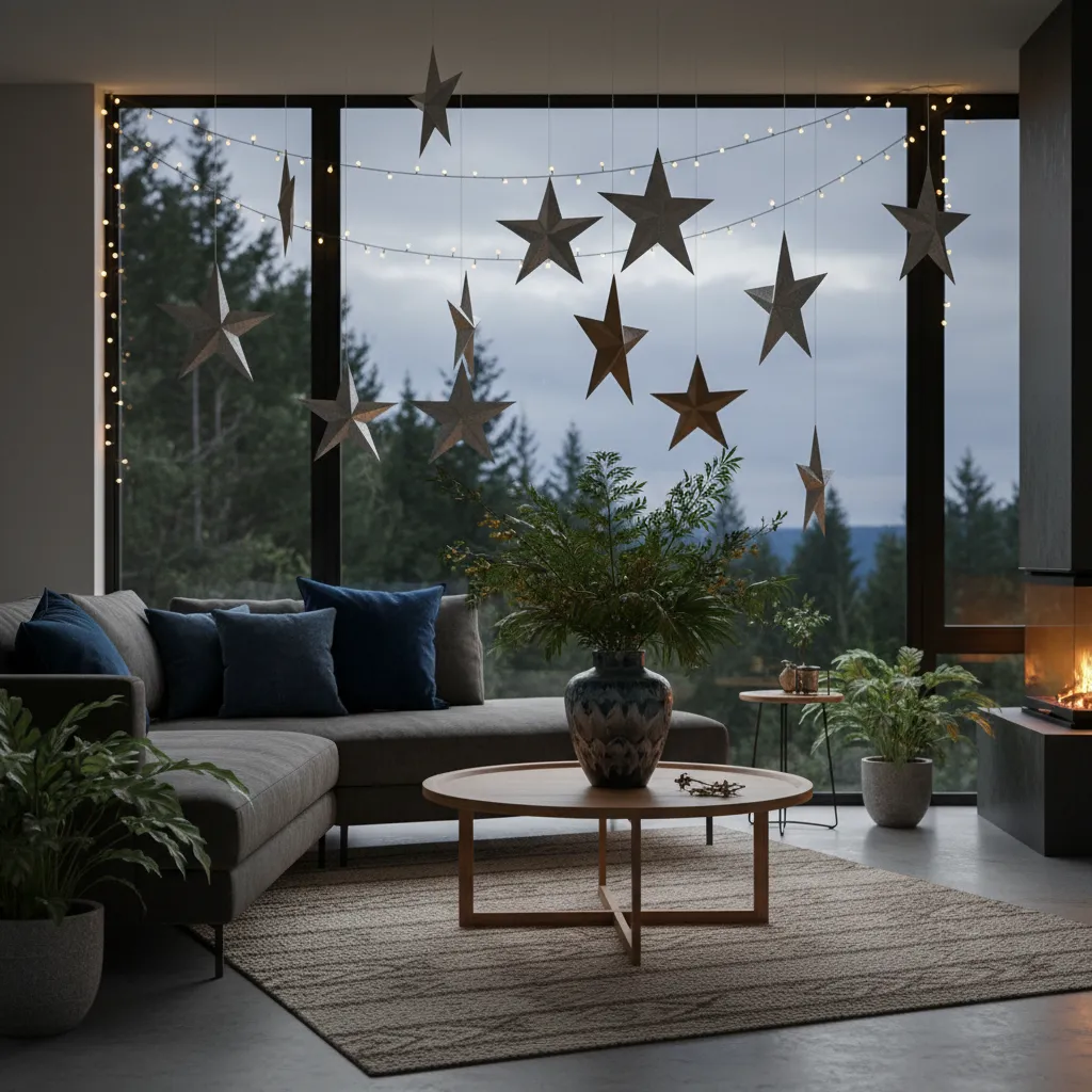 Modern living room decorated with Matariki themes including stars and mood lighting
