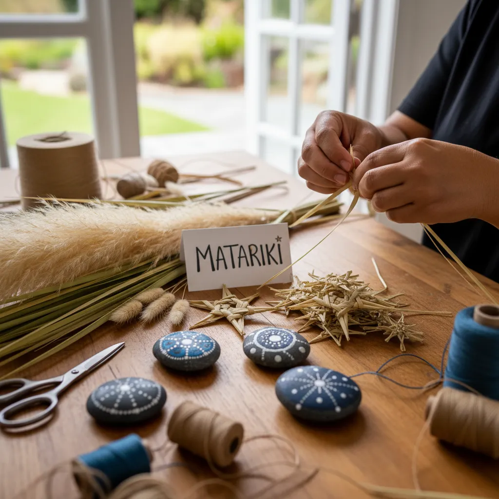 Hands weaving traditional flax stars for Matariki decorations