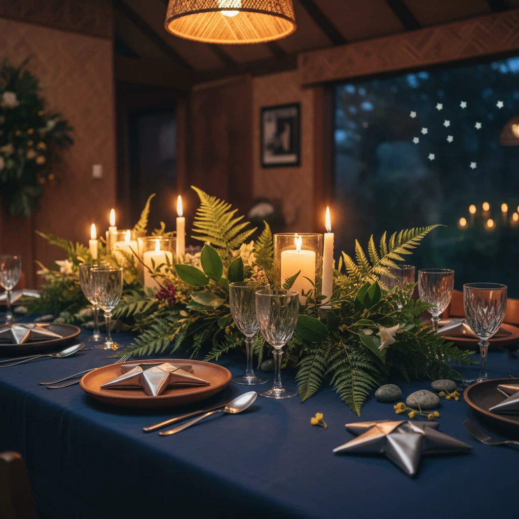 Elegant dining table setting for a Matariki feast with native themes