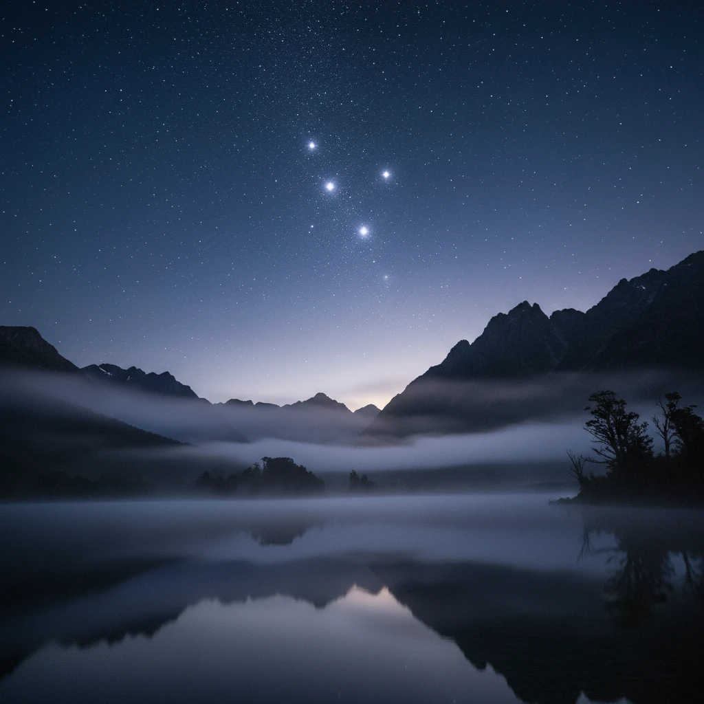 Matariki star cluster rising over a New Zealand landscape