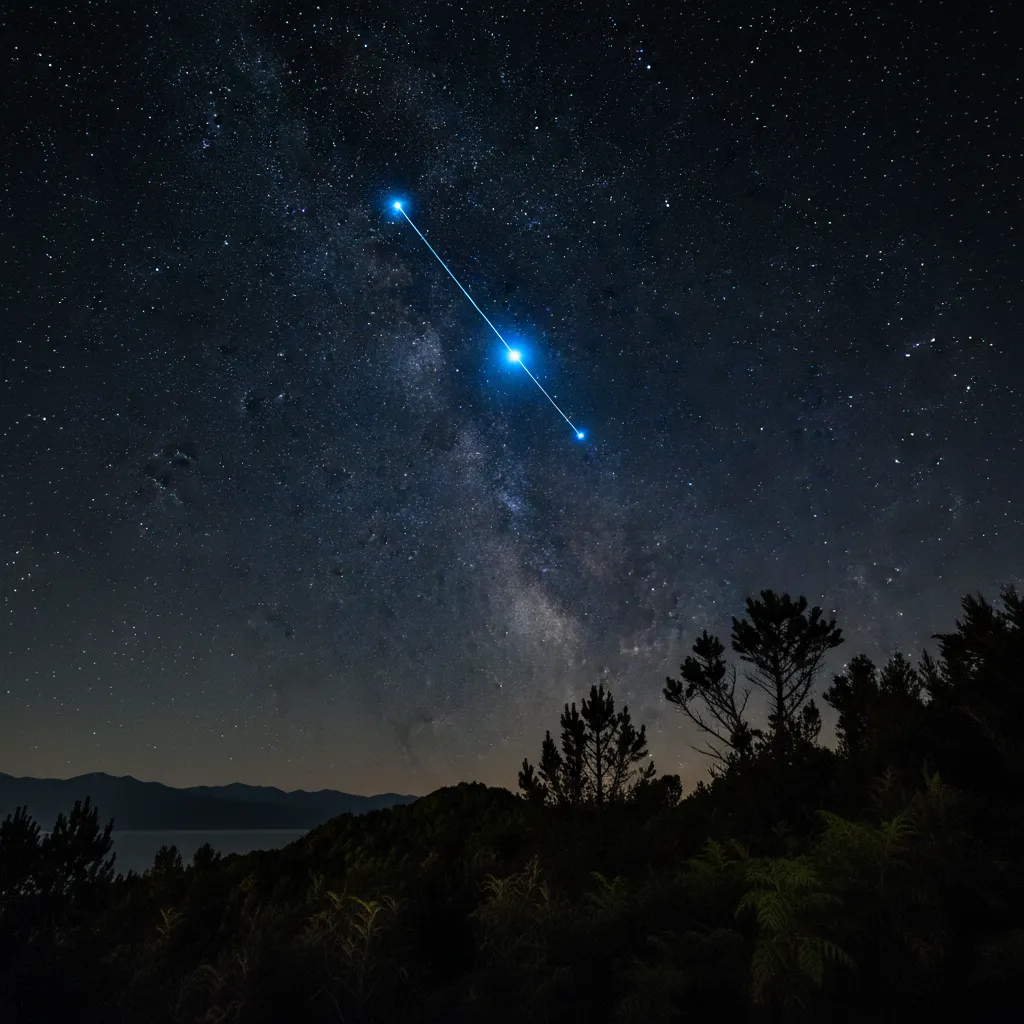 The bright star Puanga (Rigel) shining in the constellation Orion above New Zealand native bush