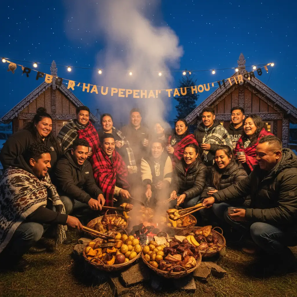 Māori whānau sharing a feast during the New Year celebrations, representing the hunga ora (living) aspect of the holiday